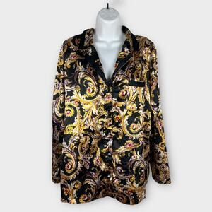 Vintage Black Yellow Paisley Satin Sleep Shirt Preppy Chic Designer Large